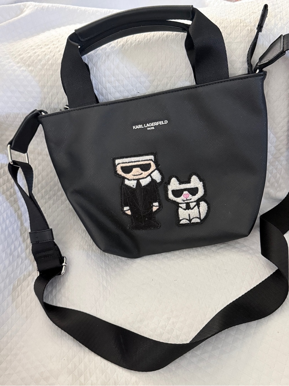 Karl Lagerfeld Paris Black Mini Shopper Tote Crossbody Bag Karl & Choupette Cat